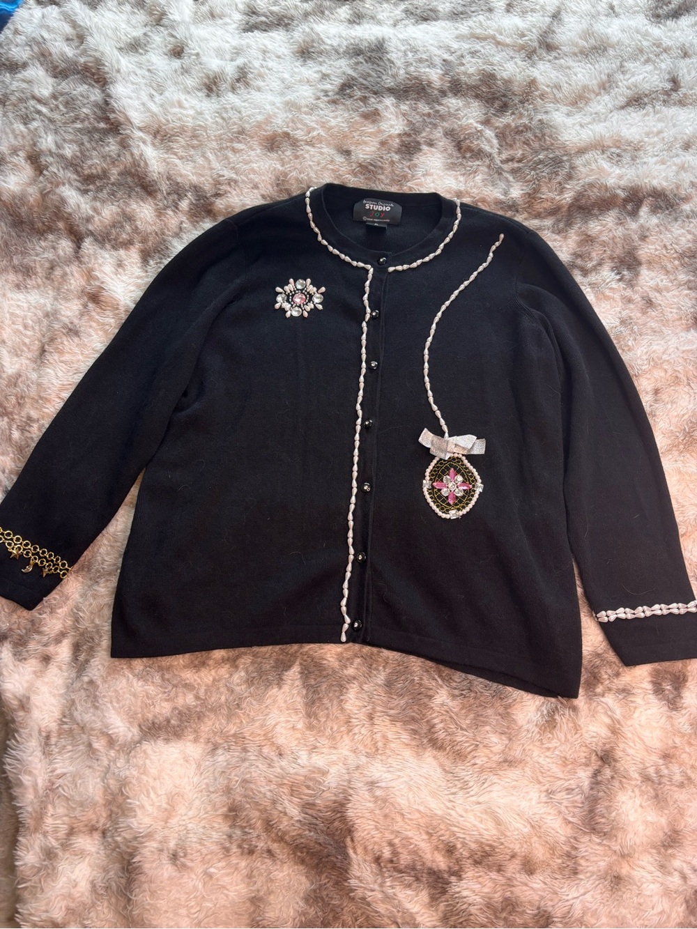 Designers Originals Black Embellished Crewneck Cardigan with Pink & Gold Accents
